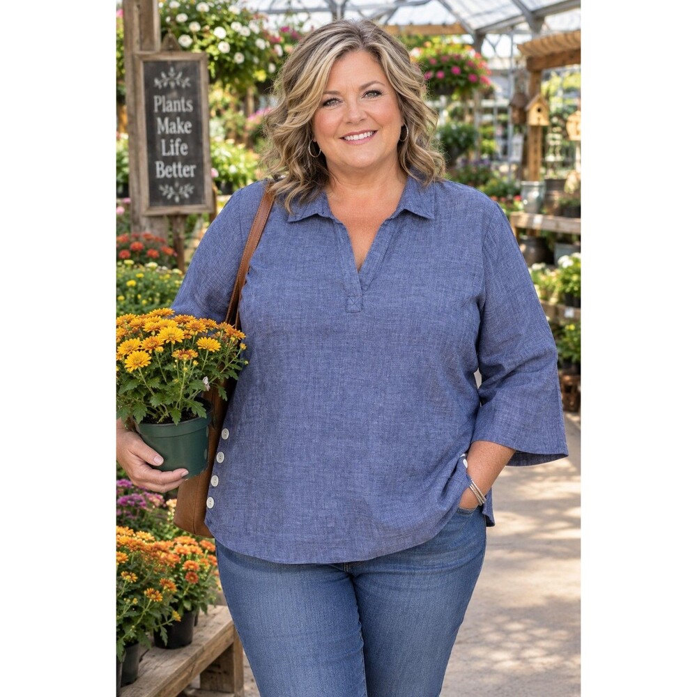 Tahari 1X blue linen 3/4-sleeve tunic blouse w/ side Button Accents